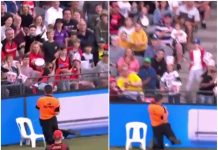 Watch: Security guard gets injured by a six hitting shot from Hobart Hurricanes security guard injured big bash league