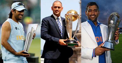 MS Dhoni with all three ICC trophies